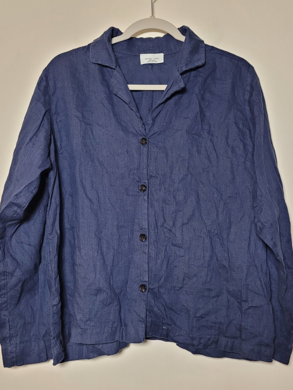 Rough Linen Women Button Shirt 100% Linen Large Navy Boxy Soft Minimal